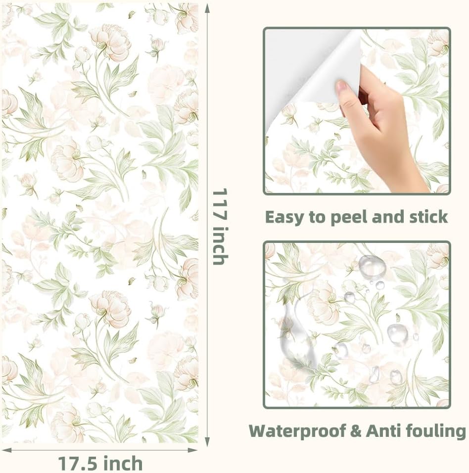 Pink and Green Floral Wallpaper Vintage, Pink Peony Flower Self Adhesive Wallpaper for Bedroom Kitchen Countertop Cabinets Dresser Drawer Furniture 17.7X117 Inches
