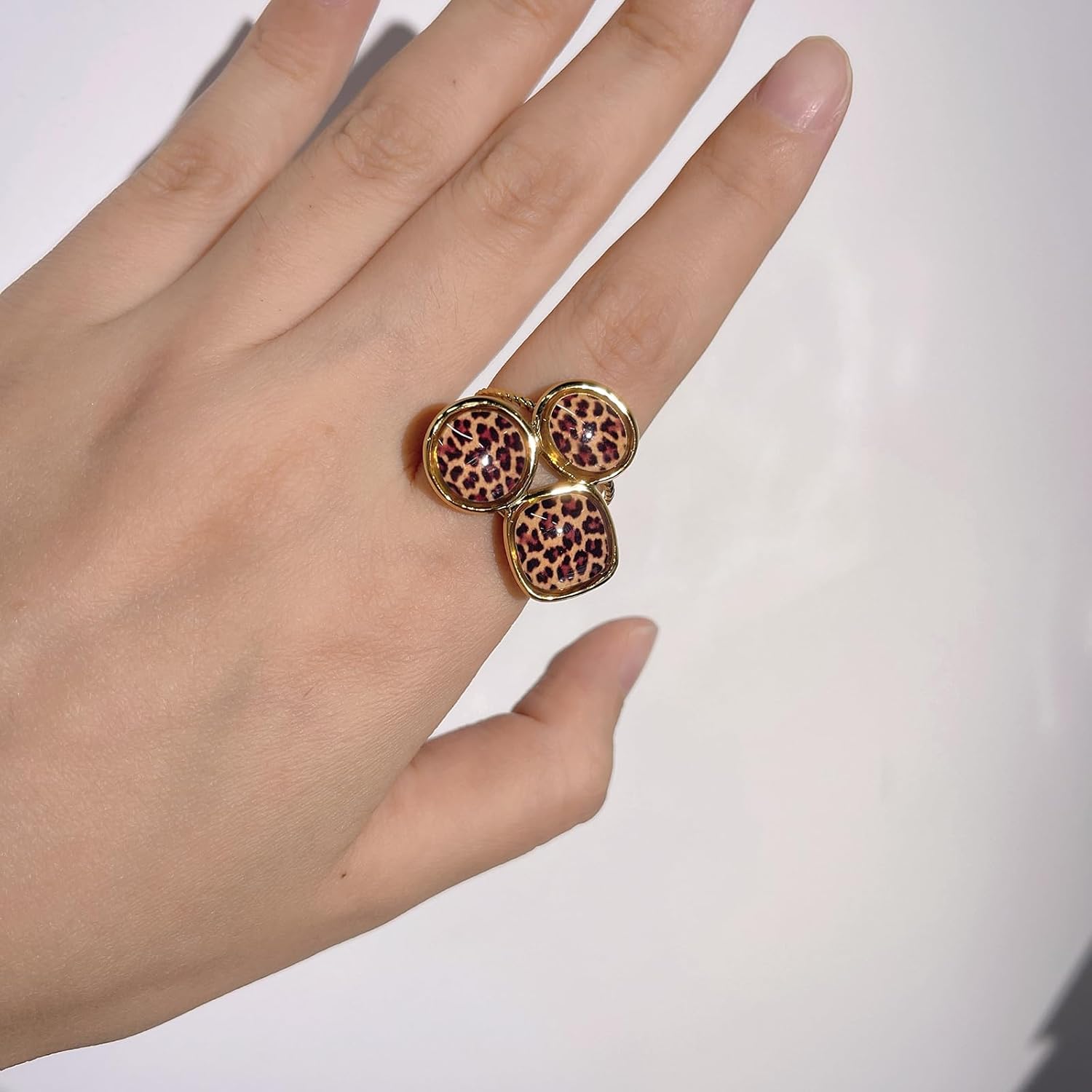 Vintage Leopard Print Geometric Statement Ring Band for Women - 18K Gold Plated Stainless Steel Round Square Layered Adjustable Open Stacking Finger Rings Comfort Fit Unique Jewelry Holiday - Image 3