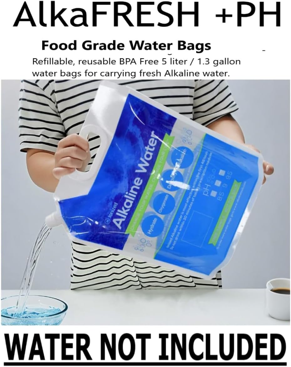 Foldable Water Carry Bags 1.3 Gallon / 5L | Pour Your Alkaline Water into AlkaFRESH +PH | Food Grade BPA Free No-Leak Plastic Container Collapsible Bag | Emergency Storage Jug, Freezable (10 PAK)