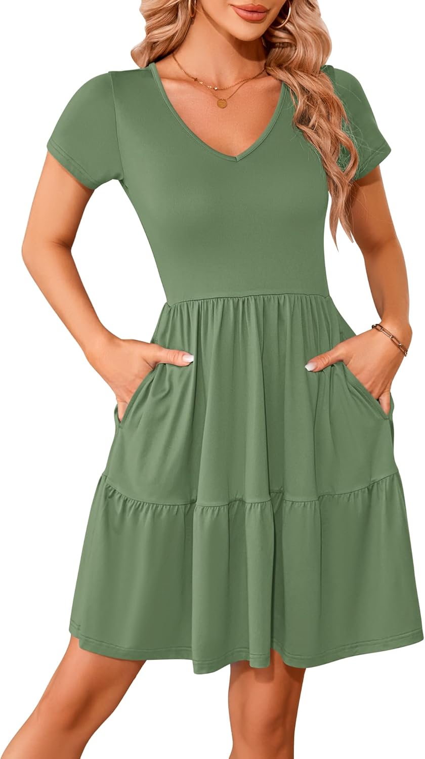 AUSELILY Women Summer Dress Casual Short Sleeve Sundress V Neck Floral Tiered Beach Dresses with Pockets - Image 5