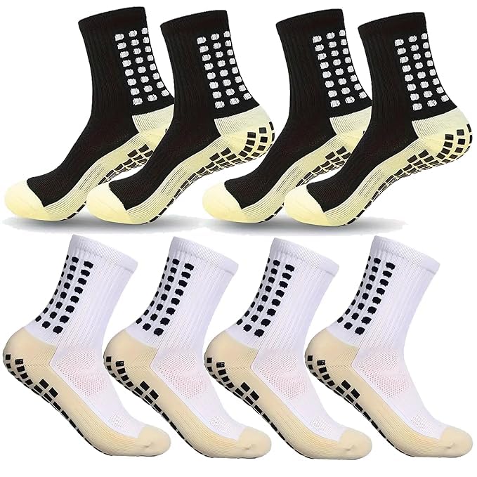 Image of 2 pair Non-Slip Football Socks for Men & Women | Grip Sports Socks with Cushioning | Anti-Skid, Breathable Cotton Crew Socks for Soccer, Rugby, Cricket, Gym, Yoga