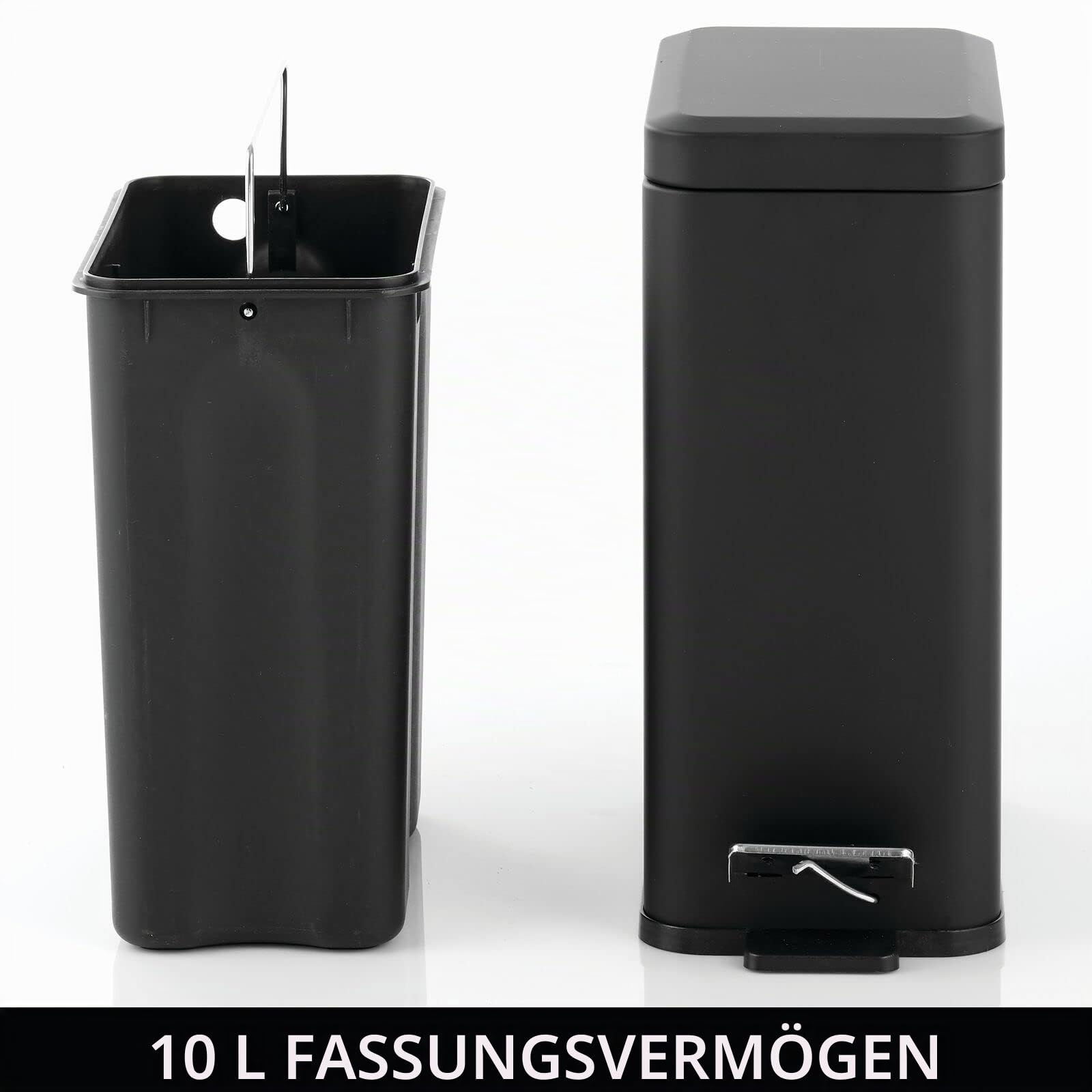 mDesign rechteckiger Tretmülleimer mit 10 L Kapazität – kompakter Mülleimer mit Inneneimer für das Bad, Schlafzimmer oder Büro – moderner Papierkorb aus Metall und Kunststoff – schwarz
