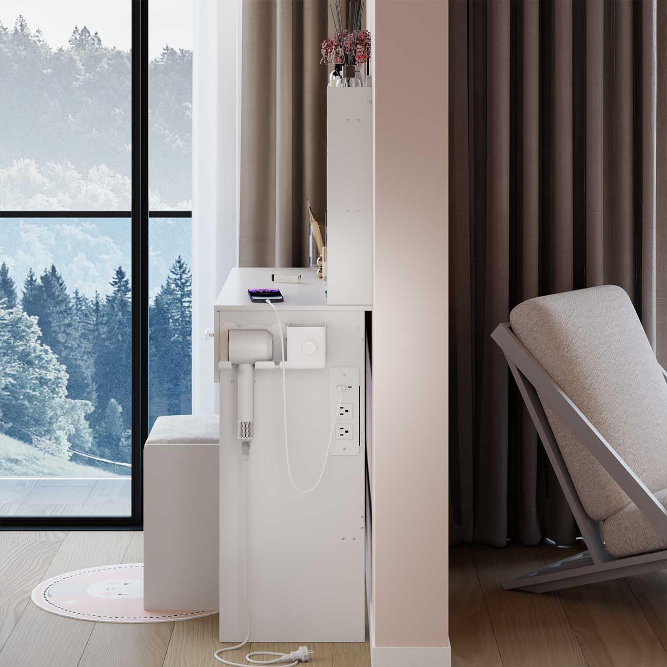 Vanity Desk with Round Mirror and LED Lights, Black Makeup Power Outlet, 3 Lighting Modes & Adjustable Brightness, Small Dressing Table Set for Women Girls Bedroom, 31.5in,Black (W