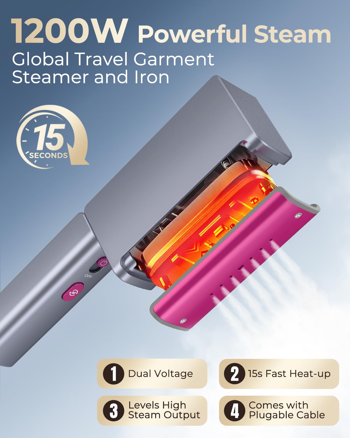Vaporizador de viaje de 1200 W para ropa, portátil, mini voltaje, pequeño vaporizador de ropa plegable y plancha, vaporizador compacto de ropa, calentamiento rápido de 15 segundos, cable