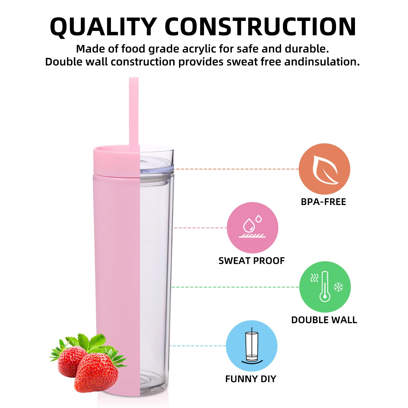 Volhoply Vaso delgado de plástico de 16 onzas con tapa y popote, paquete de 8 unidades, vasos aislados de acrílico mate de doble pared sin BPA, taza de viaje reutilizable para café helado, regalos