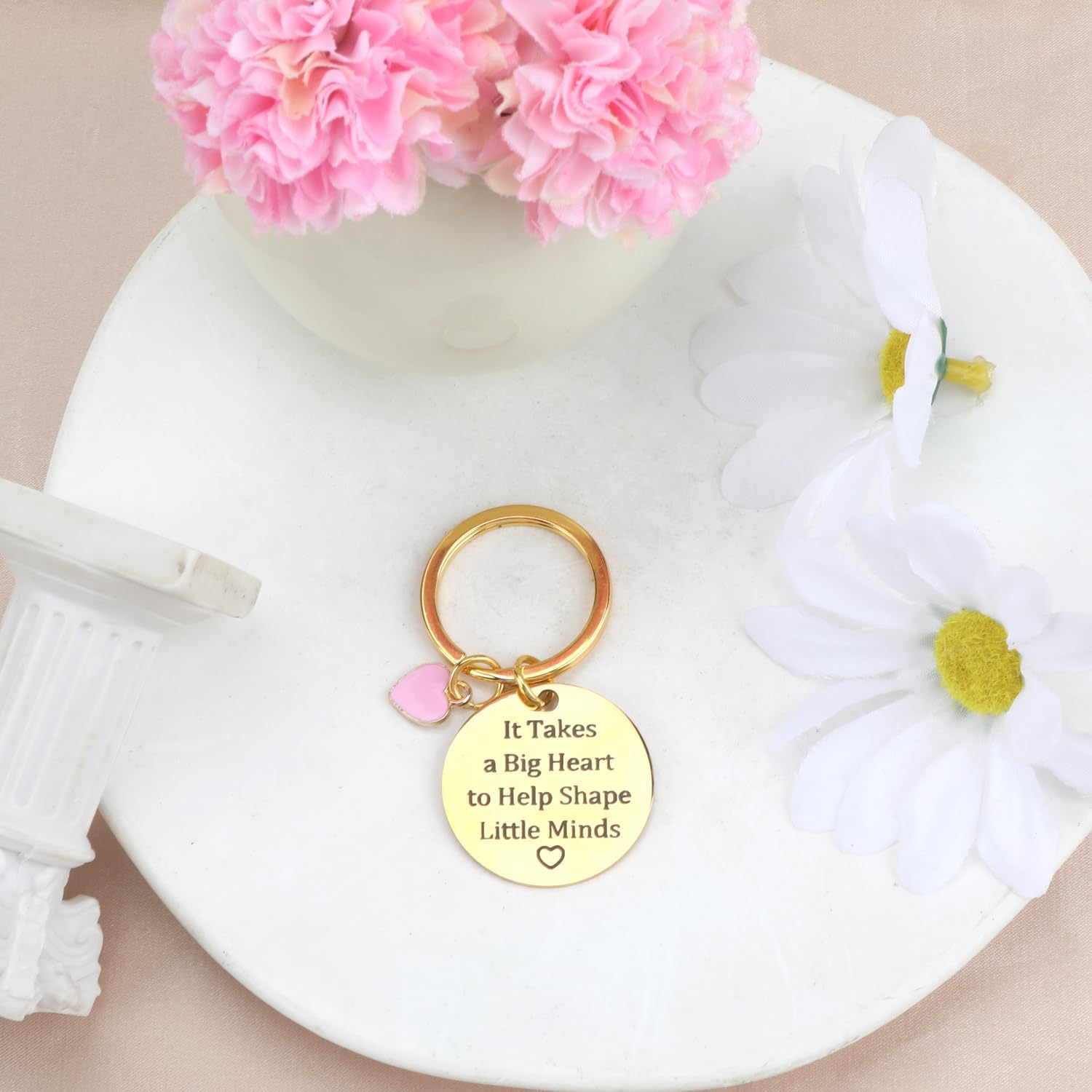 Teacher Keychain,Teacher Appreciation Keychain with Pink Heart Charm,Appreciation Gift for Educators,Big Heart Shape Little Minds,Golden - Image 2