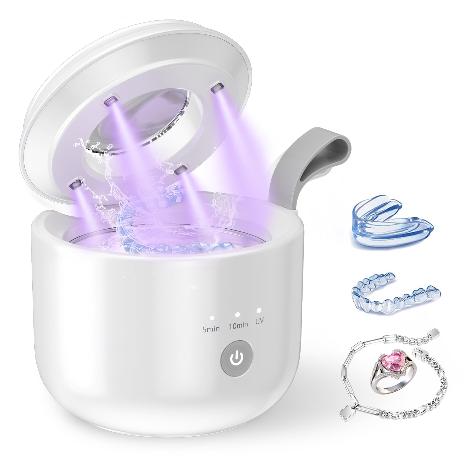 Jeatone Limpiador ultrasónico inalámbrico de 48 kHz, 125 ml, limpiador ultrasónico de prótesis con luz U-V para aparatos ortopédicos, cabezales de cepillo de dientes, joyas, 3 modelos, diseño portátil