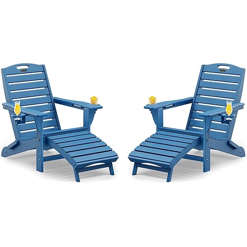 Folding Adirondack Chairs Set of 2,Adirondack Chair with Retractable Ottoman,Plastic Adirondack Chairs with 2 Cup Holder,Weather Resistant Patio Chair,Outdoor Chairs Set of 2(Navy Blue)