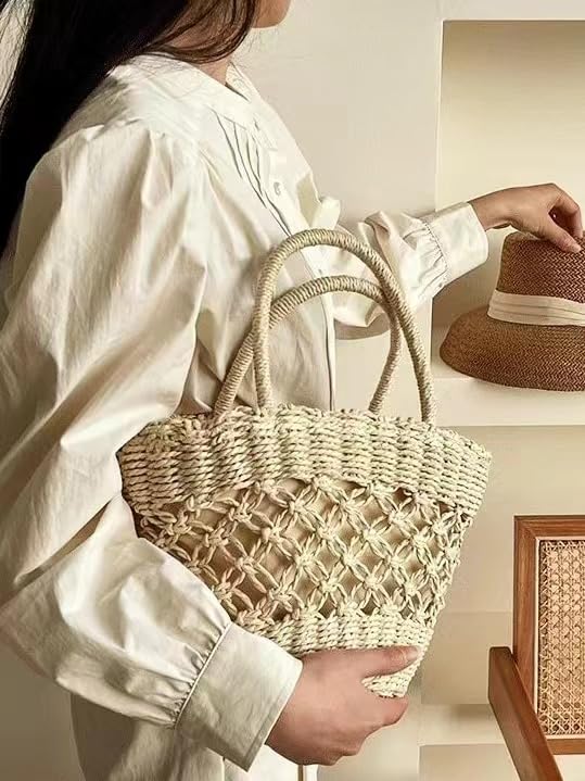 Straw Beach Bags Handmade Woven Basket Bag for Women Handbag, Retro Boho Bag for Shopping Travel2