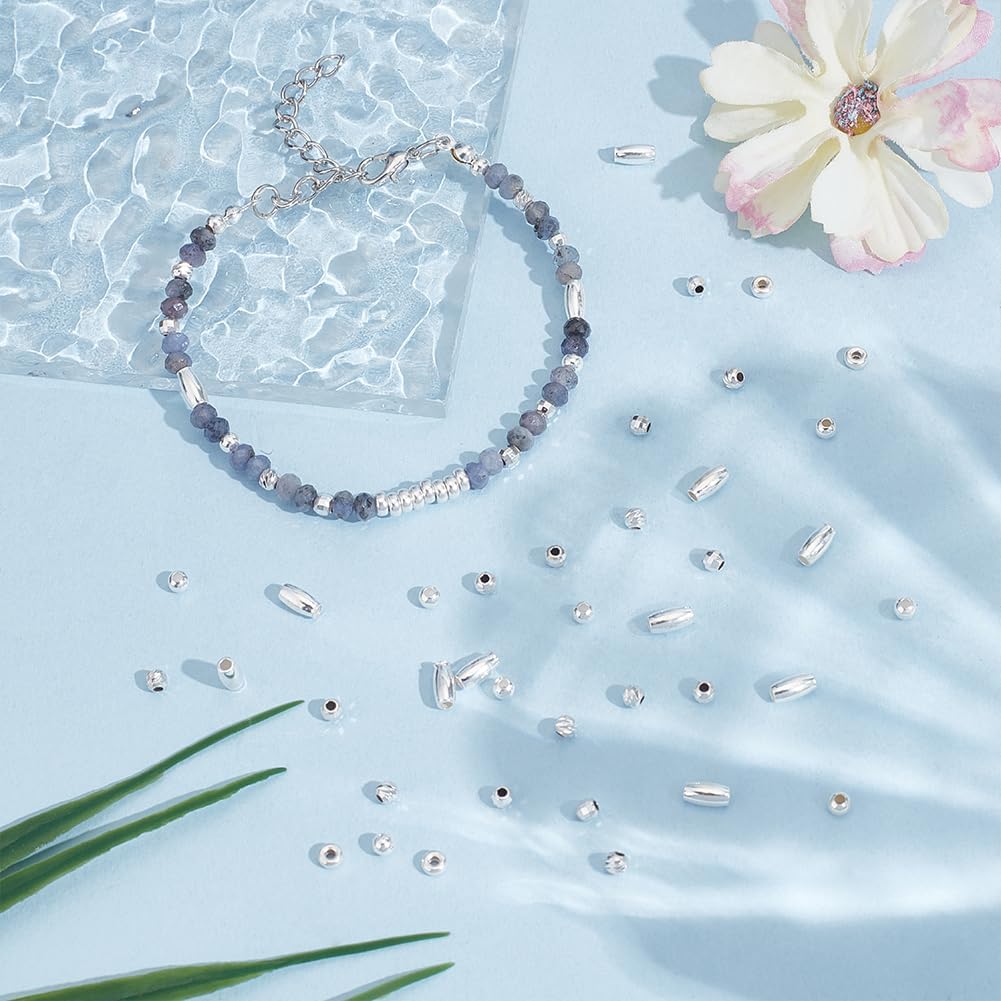 WADORN 5 Styles 925 Sterling Silver Beads, 60Pcs Flat Round Rondelle Bracelet Spacer Beads Silver Loose Beads Beading Supplies for DIY Crafts Ring Necklace Earring Bracelets Jewelry Making - Image 4