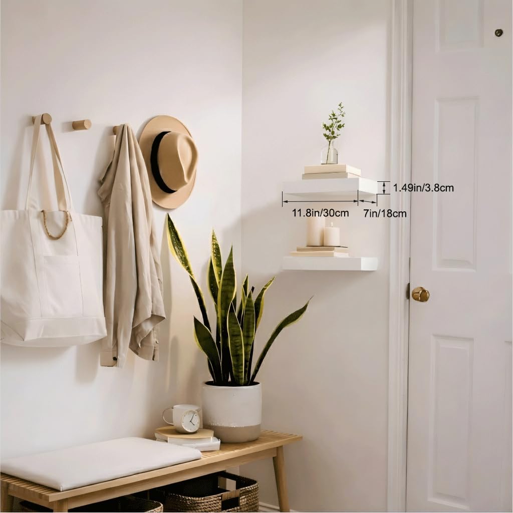 Floating Shelves for Wall, 11.8" Small Wall Mounted Shelves, Modern Storage & Display for Bathroom Over Toilet, Bedroom, Living Room, Kitchen, Set of 2, White