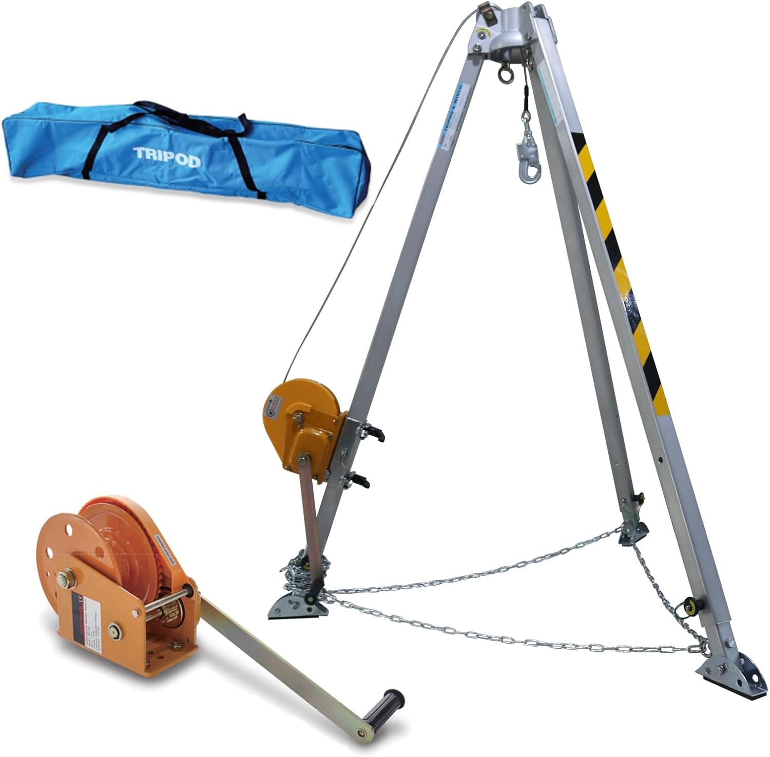 Fall Arrest Kit Aluminum Alloy Rescue Tripod, Emergency Fire Rescue System Up for Confined Space, 8' Legs, 1800 LBS Winch, with 66' Fall Protection, Pulley and Carrying Storage Bag