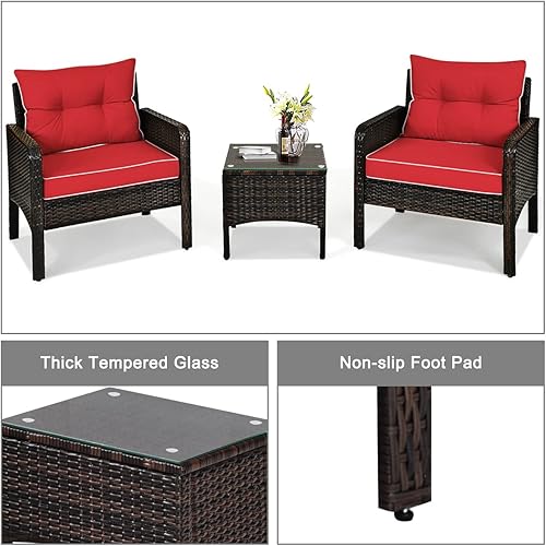 Miniatura 7 de ORALNER Juego de 3 piezas para conversación de patio, sofá de mimbre para todo tipo de clima y mesa auxiliar con cojines gruesos, muebles de