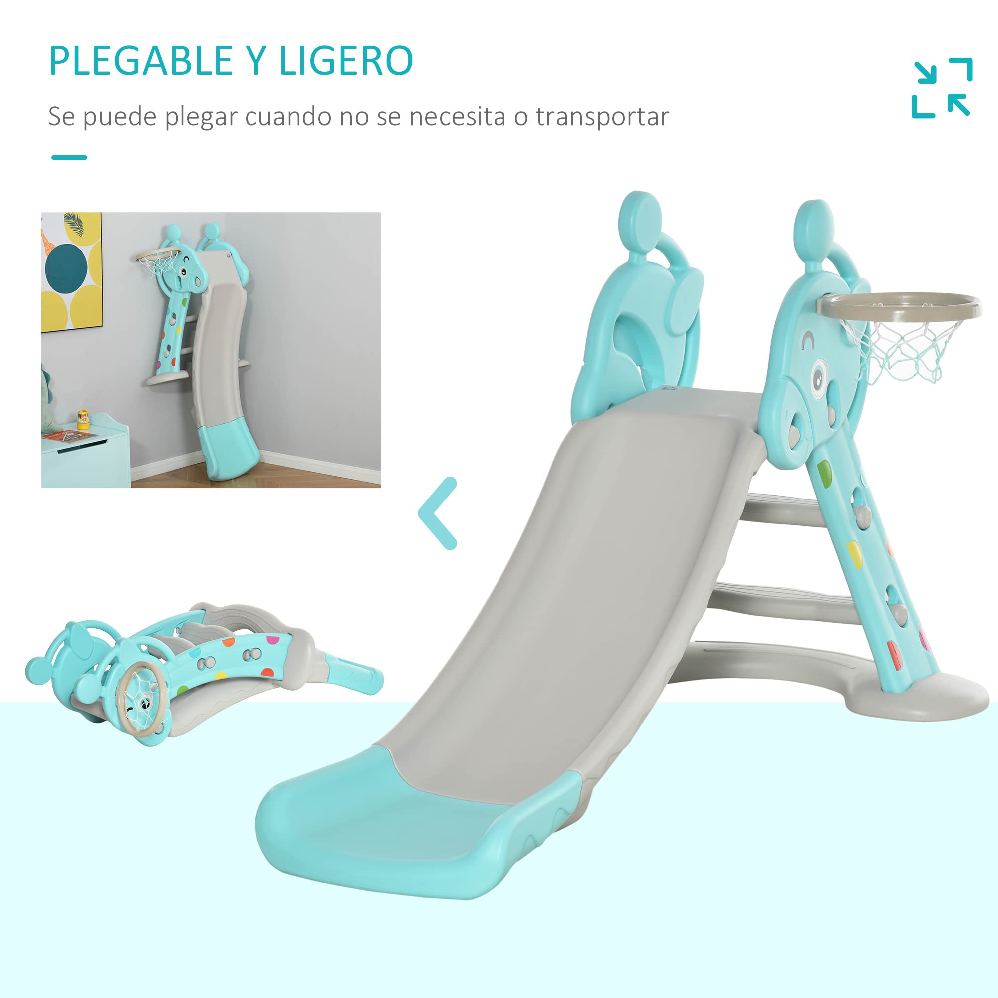 HOMCOM Tobogán para Niños +18 Meses Plegable 2 en 1 con Canasta de Baloncesto Modelo Jirafa Juguete Infantil para Interiores y Exteriores 147x82x85,5 cm Azul y Gris