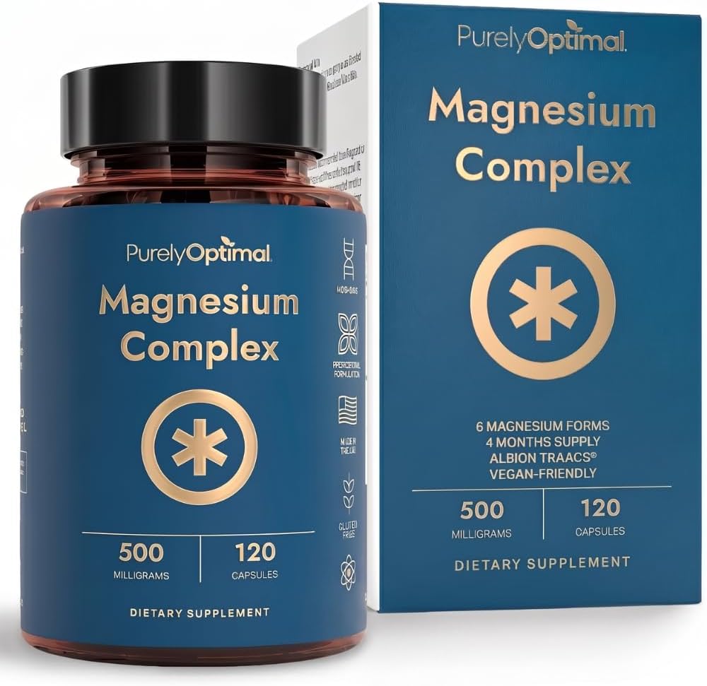 Purely Optimal Magnesium Complex - 6 Forms Magnesium Glycinate, Citrate & Malate - Sleep Support, Stress Relief, Muscles, Heart Health & Relaxation - Magnesium Supplement for Women & Men, 120 Caps