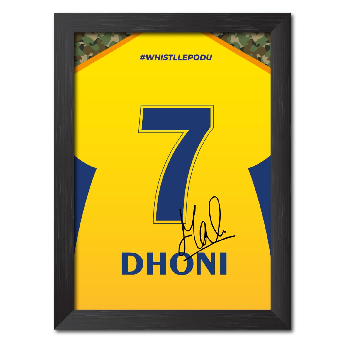 TenorArts MS Dhoni Poster Frame Chennai Jersey Print with Signature Laminated Photo Framed Paintings with Matt Finish Black Frames (12 inches x 9inches)
