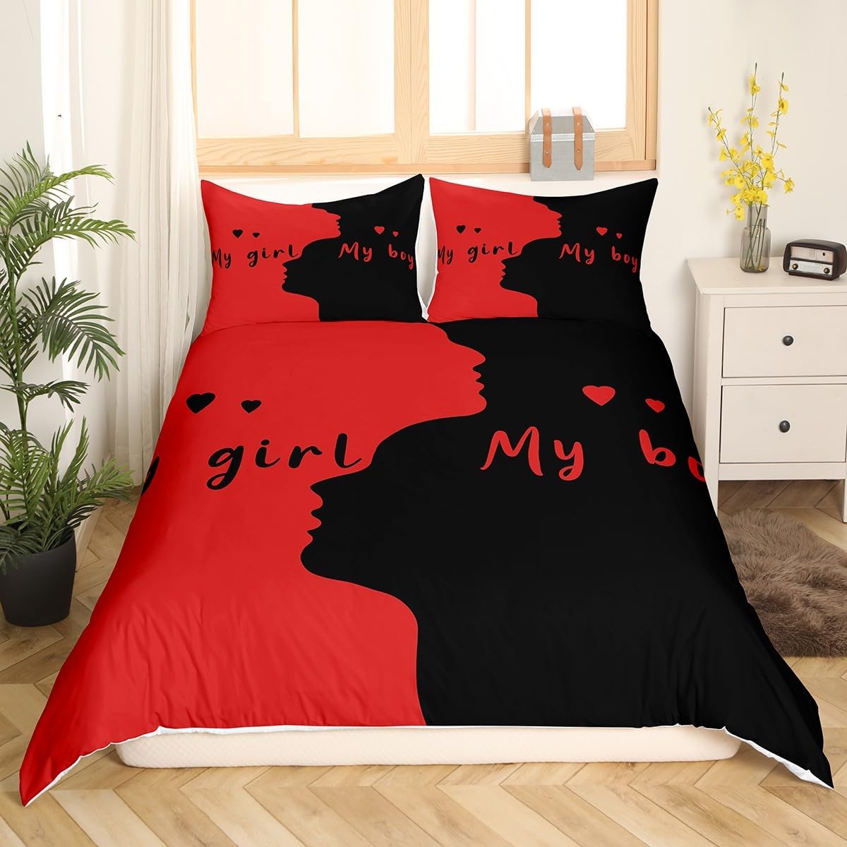 Couple Lover Duvet Cover Toddler,Romantic Valentine's Day Comforter Cover with 1 Pillowcase,Lover Face Silhouette Bedding Set 2pcs for Kids Bedroom Decor,Red and Black Quilt Cover,Not Comforter