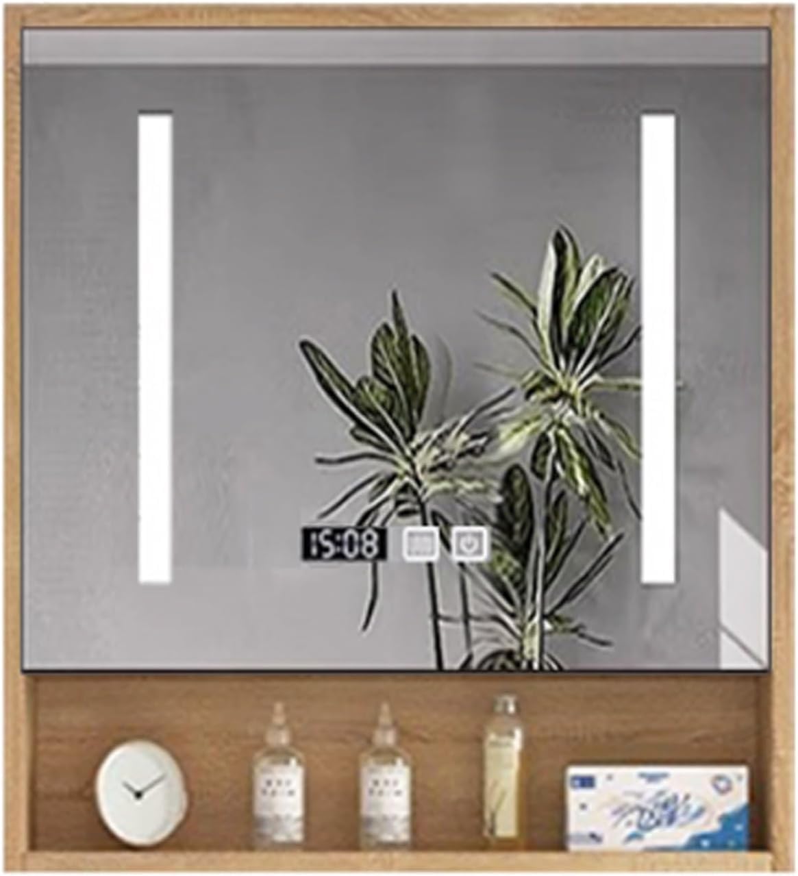 Lustro łazienkowe LED z szafką do przechowywania, podświetlane lusterko do makijażu z nizerem, szafka na leki z litego drewna, 57 x 12 x 70 cm