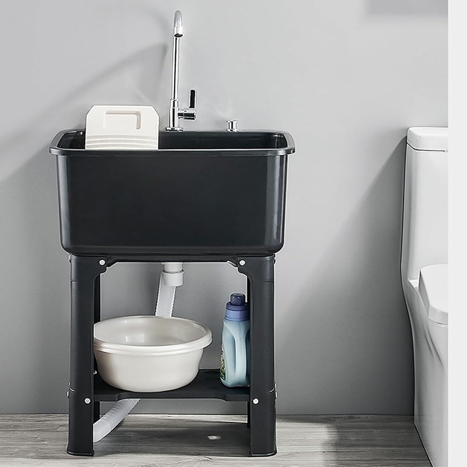 Freestanding Plastic Laundry Sink with Storage Shelf & Washboard Utility Tubs, Indoor and Outdoor Wash Tub for Laundry Room Bathroom(Black)