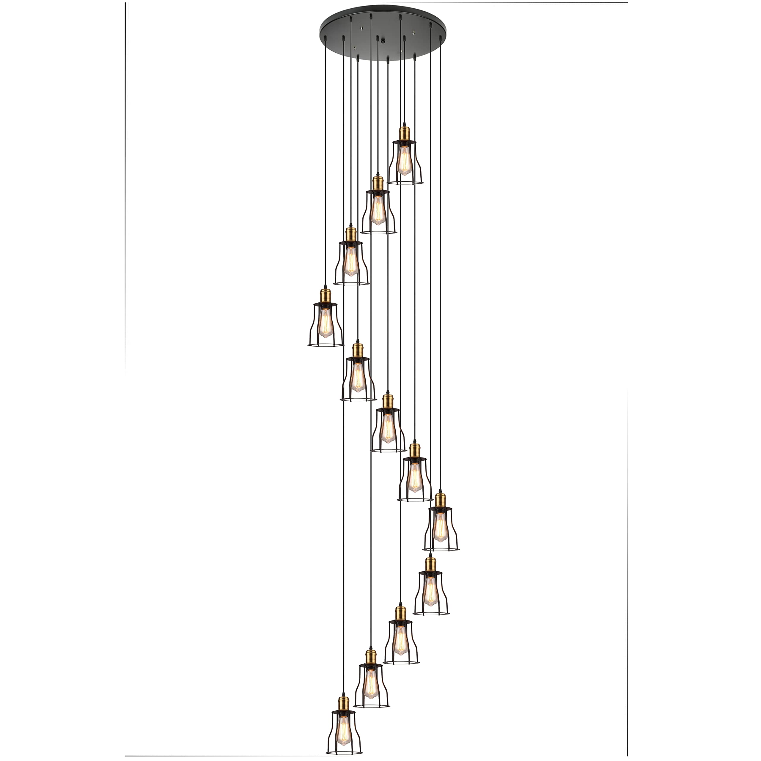FYZDLAOR 12-Light Industrial Chandeliers High Ceiling Vintage Metal Cage Pendant Lights Dome Flush Mount Hanging Long Chandelier Fixture for Foyer Entryway Stairwell Ceiling Lighting
