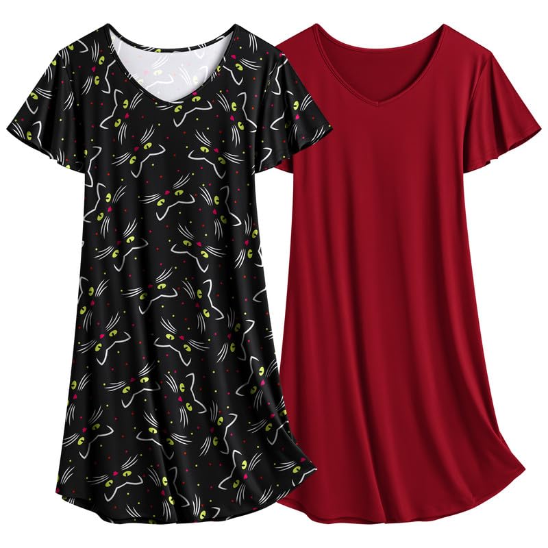 Image of Ekouaer 2 Pack Nightgowns for Women Short Sleeve Nightshirt Soft Sleepdress
