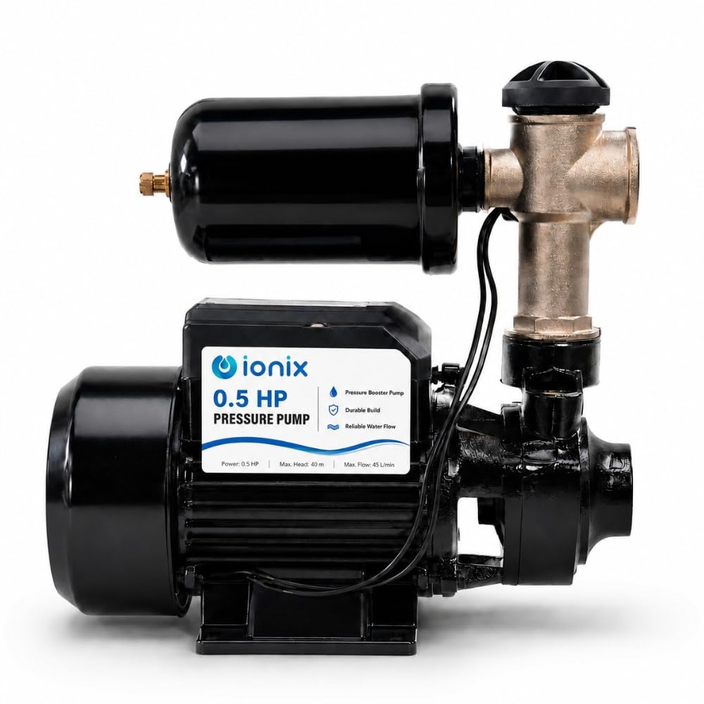 ionix 0.5 hp automatic pressure pump for home with pressure tank, up to 40 lpm flow, suitable for approx. 4–5 member families.