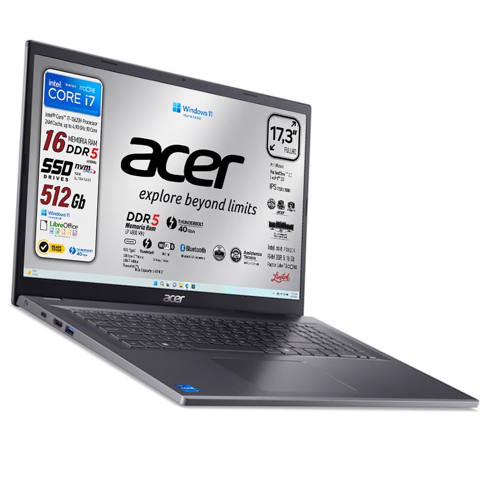 Acer Notebook Aspire, Display 17.3" FullHD IPS, Intel Core i7-13620H, DDR5 | 10Core, 16GB DDR5, Thunderbolt 40Gb/s, SSD 512GB, Wi-Fi6, Win 11, Ready to Use, include alimentatore e libre office