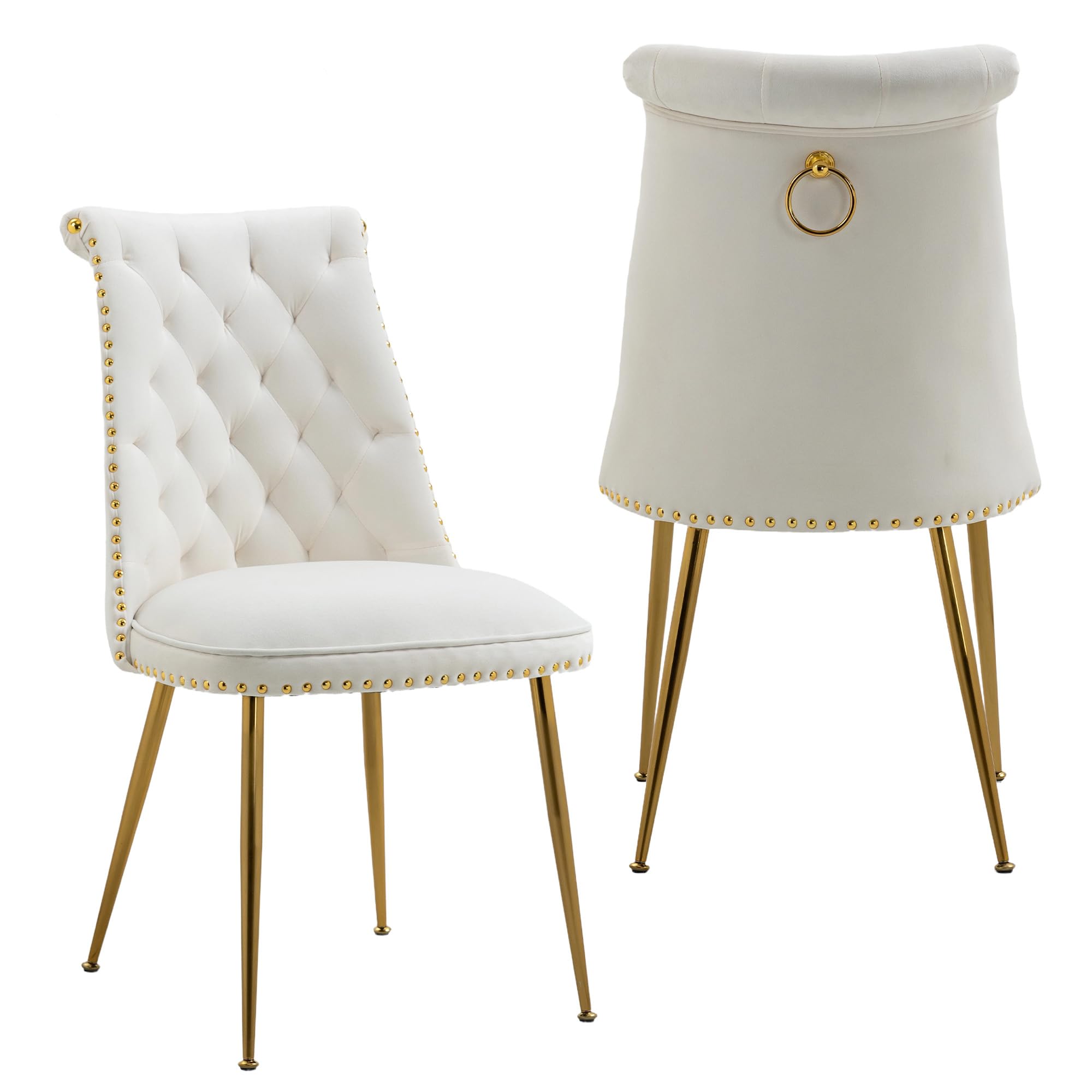 Un conjunto de dos sillas de terciopelo muy suave, con un respaldo ligeramente acolchado y patas de metal doradas. Las sillas modernas y distintivas se utilizan en la sala de estar y el comedor