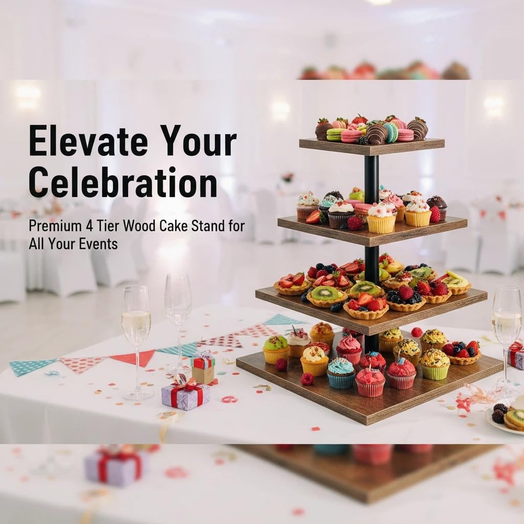 4-stöckige Etagere Holz Tortenständer | Cupcake Ständer & Servierständer für Desserts, Gebäck & Obst | Rustikaler Kuchenständer für Hochzeit, Party & Küche | Stabiles Design mit Metallrahmen