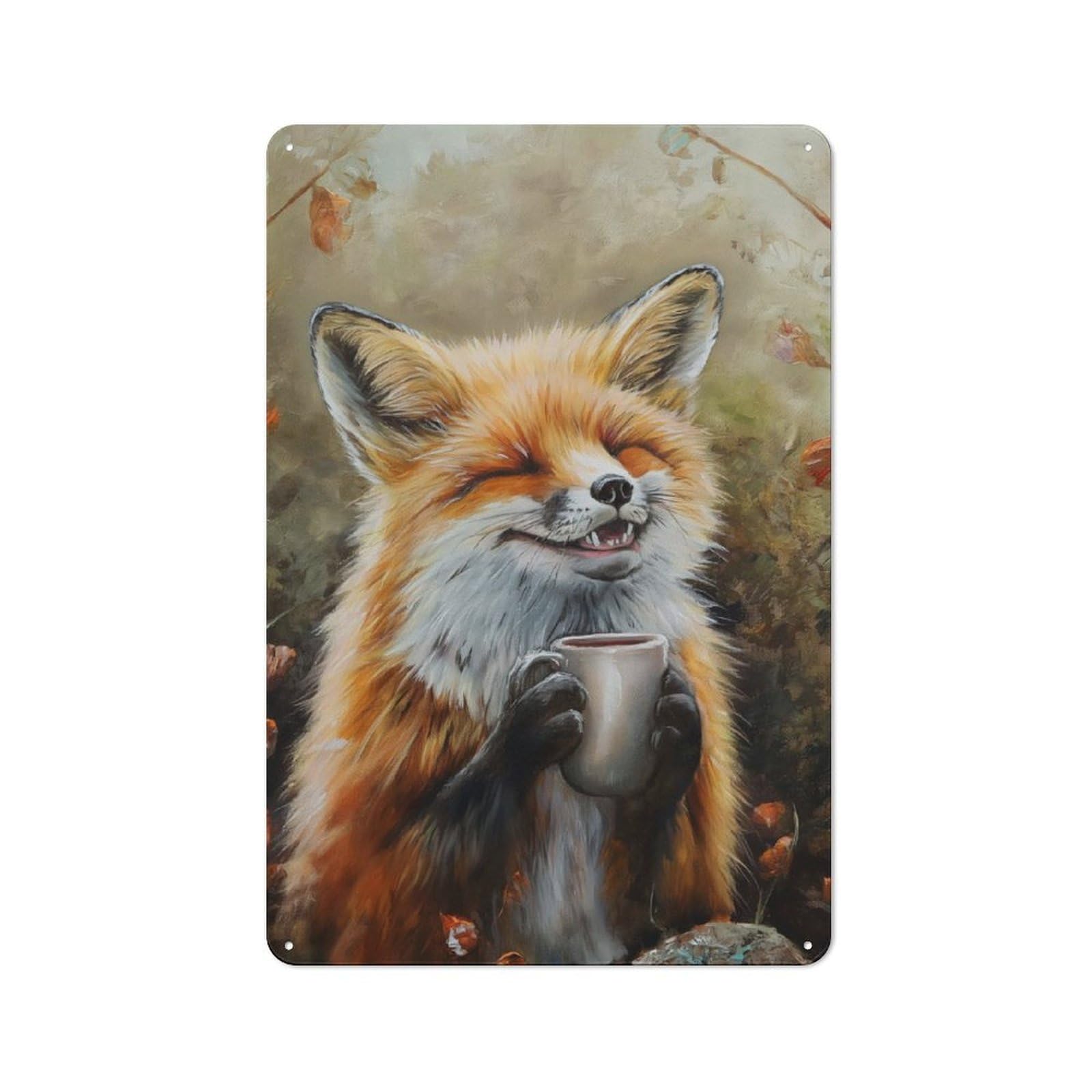 Junmoney Cute Fox Coffee Tea Drink Retro Metal Plaque 30X20cm For Café Or Home Bar, With Clear Retro Wall Decor Character