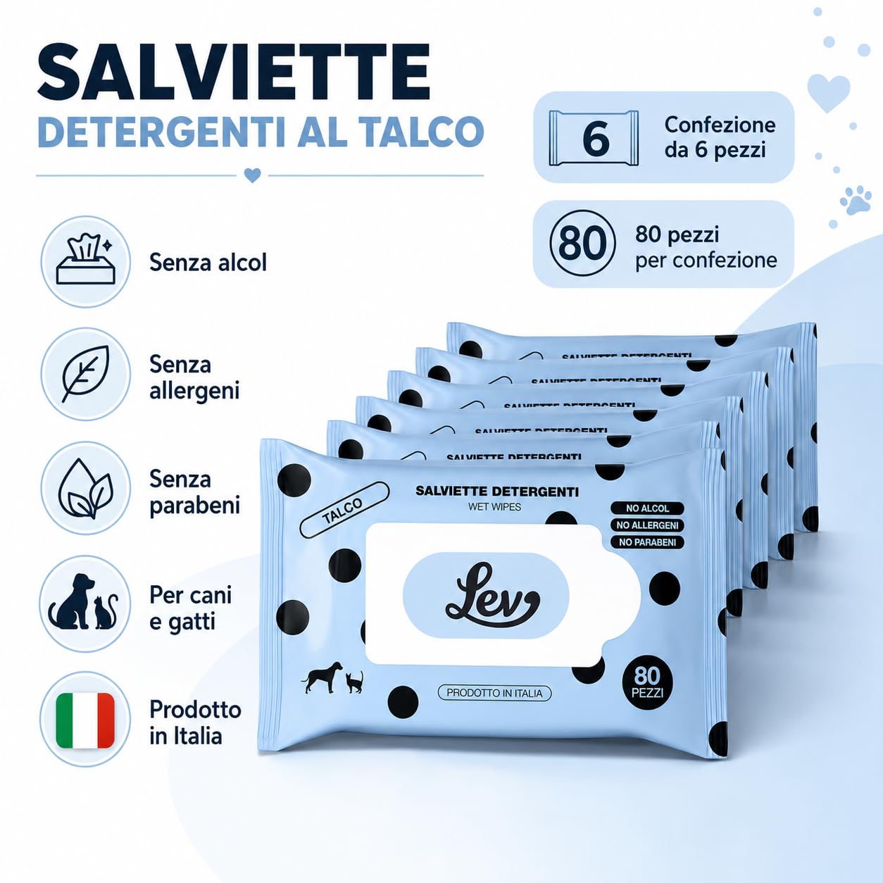 Generico Lev Natural Code Salviette Detergenti Naturali Idratanti e Lenitive per Cani e Gatti con Talco 80pz, 6 Confezioni, 6x80pz, 480 Salviettine