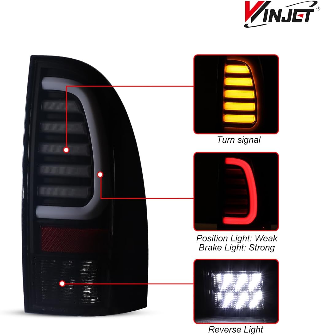 Winjet Full LED Tail Light Fit For 2005-2015 Toyota Tacoma, Led Sequential Taillight Replacement w/Yellow Sequential Turn Signal/Running/Brake/Reverse Light (Black Housing Smoked Lens)