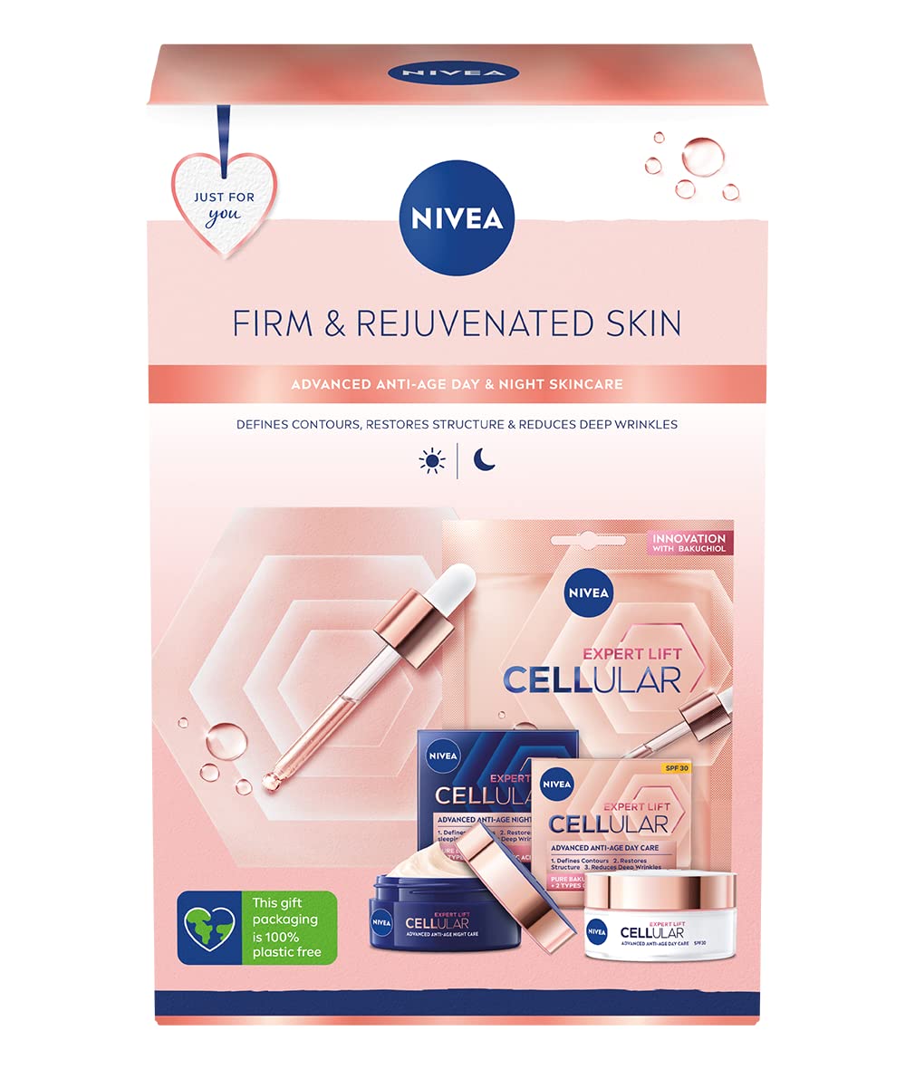NIVEAFirm and Rejuvenated Gift Set, NIVEA Gift Set Includes Bakuchiol-Enriched Cellular Expert Lift Day Cream, Night Cream, and Face Sheet Mask, Gifts for Women, White, (3 Pieces)