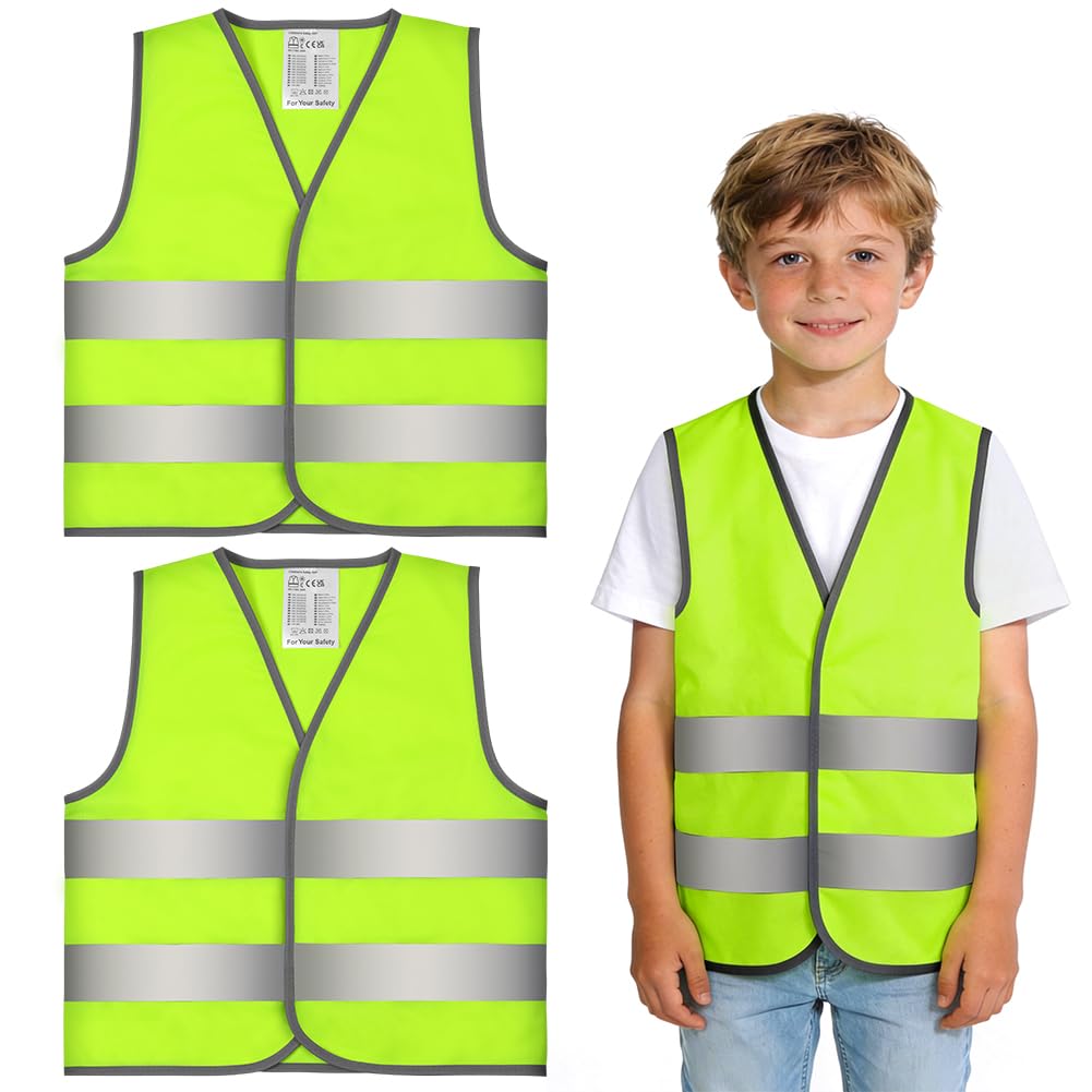 AYBUY Warnwesten für Kinder, 2 Stück Reflektorweste Kinder, Warnweste Kinder mit 360° Reflektierendes Band, Sicherheitsweste Kinder, Warnweste Fahrrad für Schulen, Sport, Laufen. (Gelb, XL