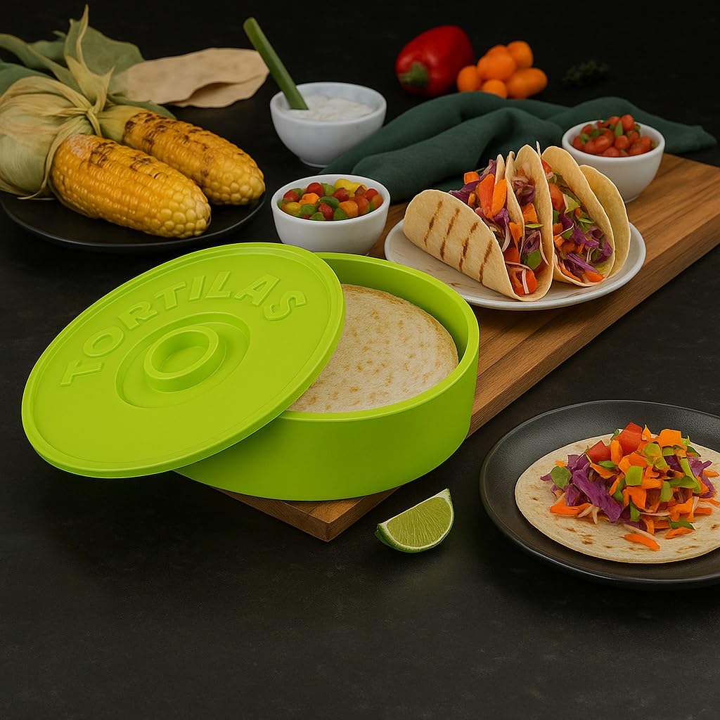 Tortilla Warmer - Mexikanischer Tortillero zum Warmhalten Tortilla - Quesadillas - Mexikanische Tacos - 22 cm (Grün)