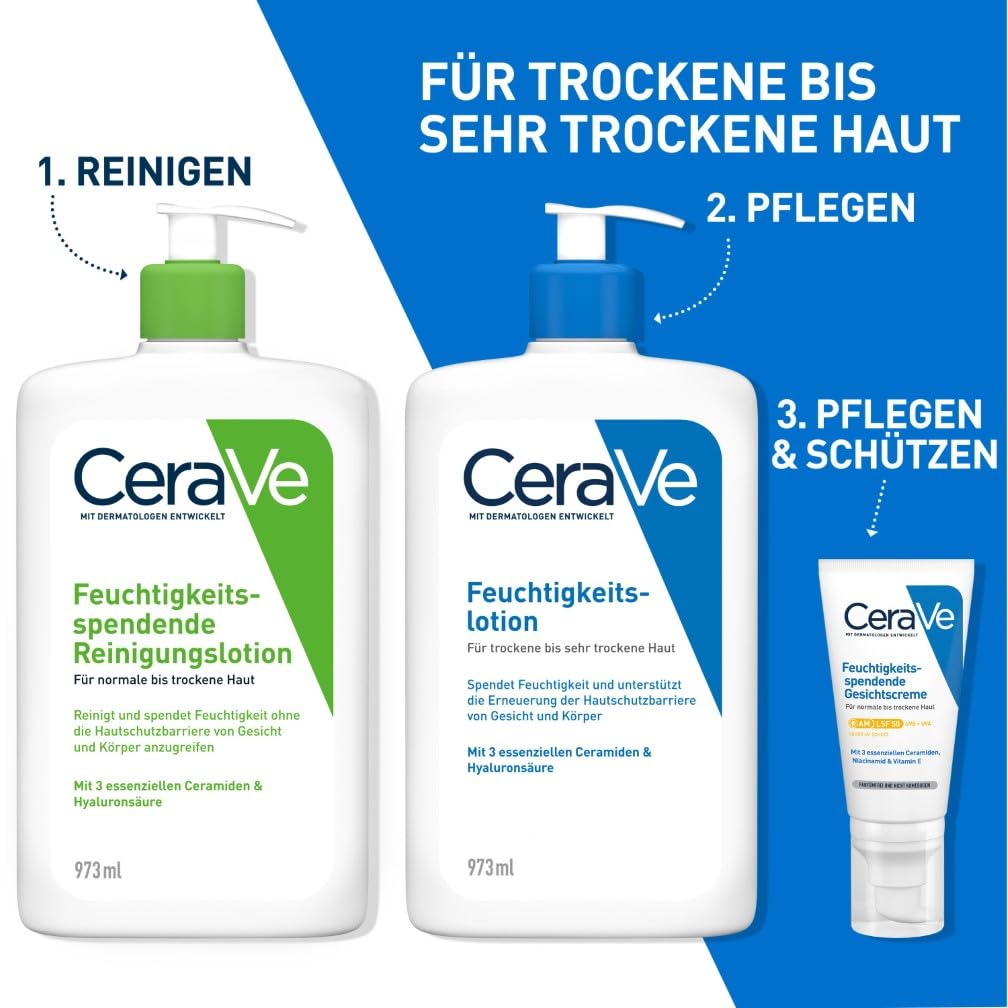 CeraVe Feuchtigkeitsspendende Reinigungslotion für Gesicht und Körper, Normale bis trockene Haut, Mit Hyaluron und 3 essenziellen Ceramiden
