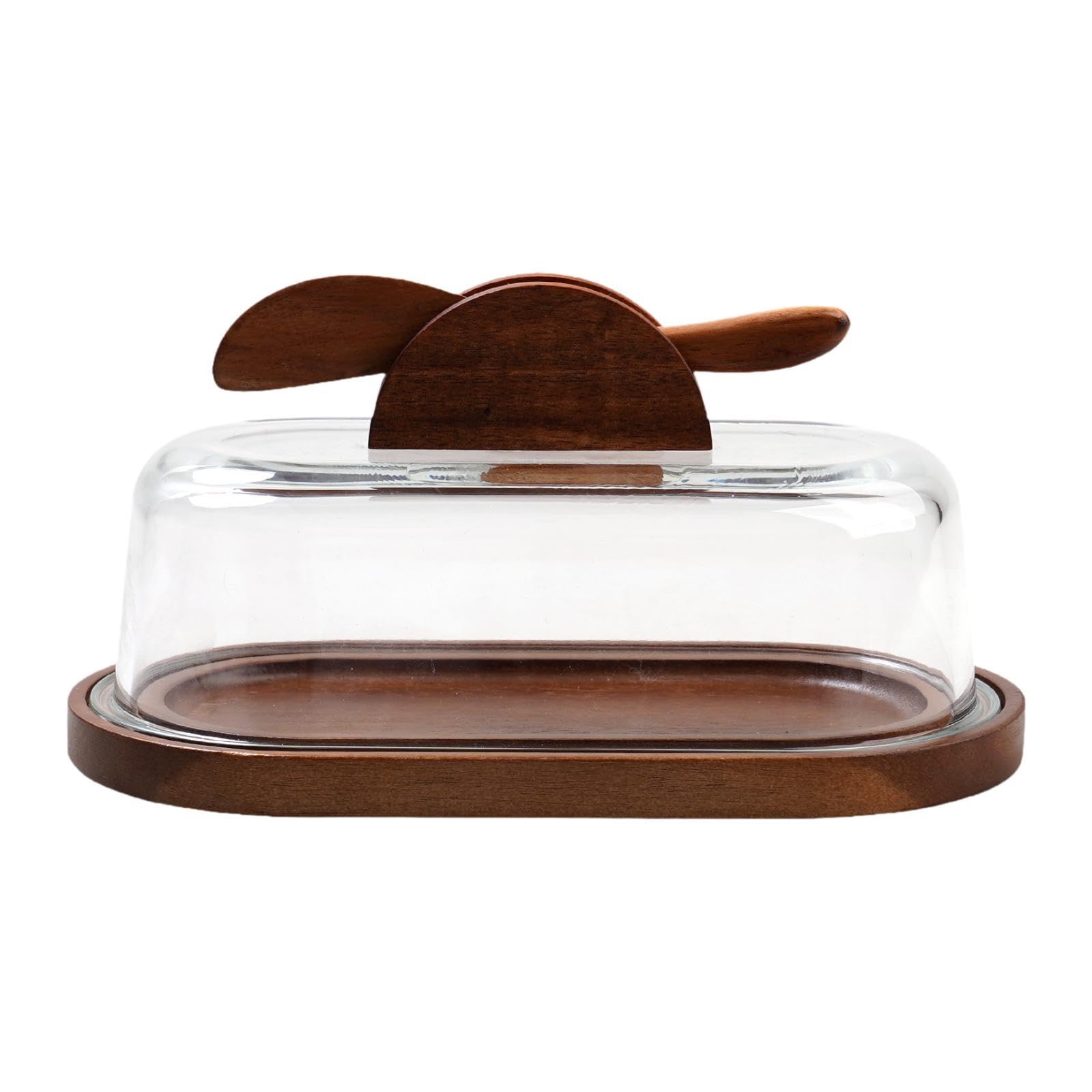 Butter Dish Vassoio Porta Burro Rettangolare con Coperchio Vetro E Base Legno Organizzatore Cucina per Conservare Formaggio E Dolci Scatola per