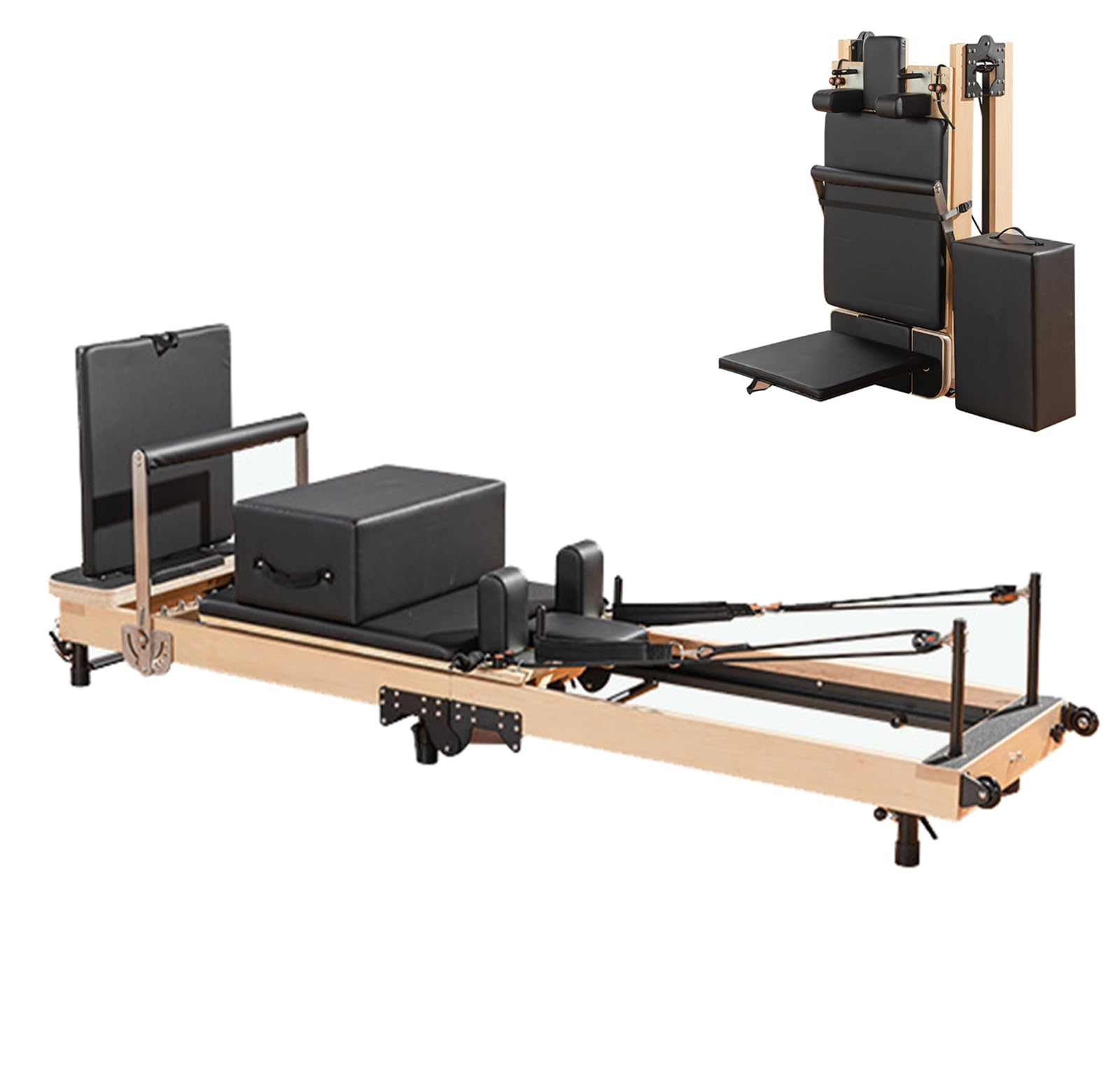 Foldable Pilates Reformer, Padded Jump Board?Wood Pilates Machine Bed Yoga Exercise Strength Training Equipment for Home Workouts