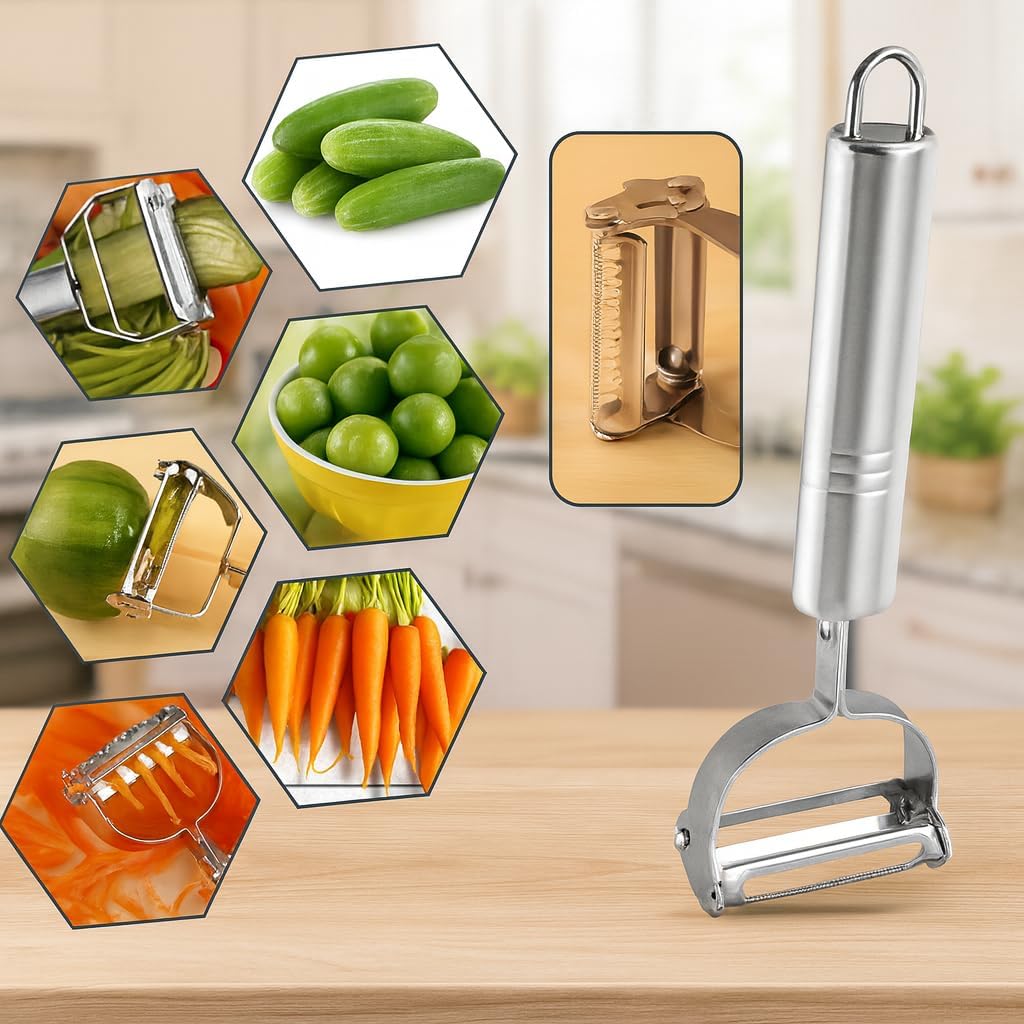 Descascador Ralador 2 em 1 Aço Inox Dupla Lâmina Móvel para Frutas, Legumes e Batatas Utensílio de Cozinha Prático e Durável