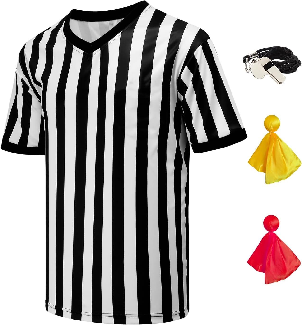 VKT 4Pcs Referee Shirt Men V-Neck Official Ref Jersey Kit for Basketball Football Soccer Halloween Costume Flag Whistle