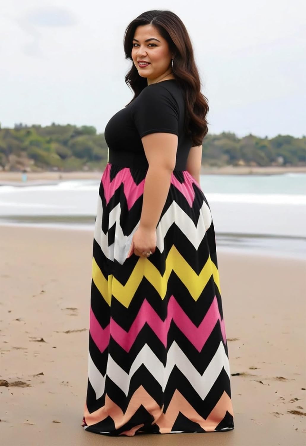 Nemidor Plus Size Maxi Dresses for Curvy Women Casual Short Sleeve Chevron Print Long Dress with Pocket 14-26 - Image 4