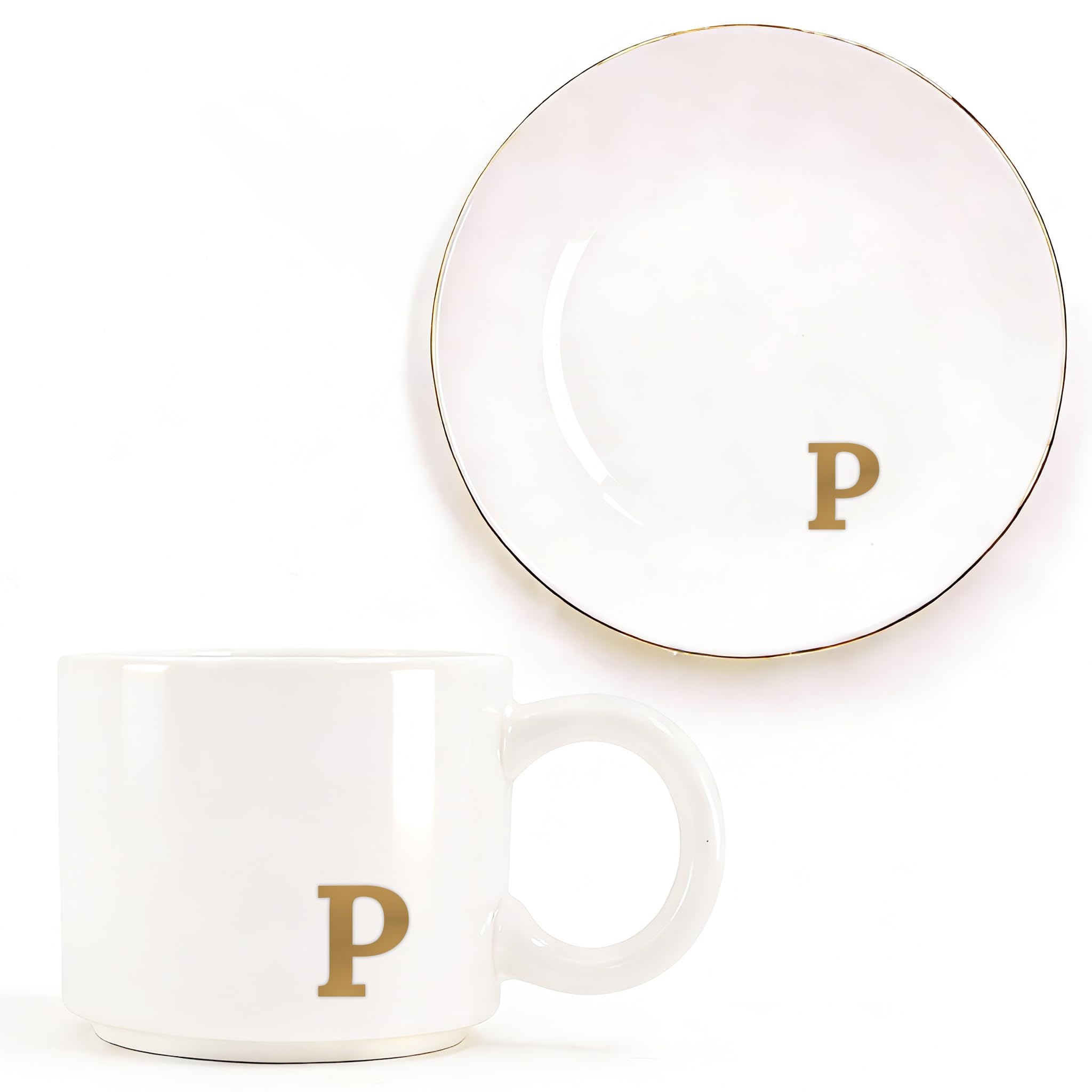 RainVibe Elegant Gift Set for Women – Personalized Monogram Ceramic Mug & Jewelry Tray – 12 oz Gold-Initial Coffee Cup with Gift Box, 4.75" Decorative Dish for Rings, Earrings, Keys (Letter P)