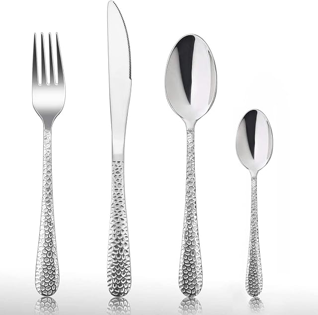 Cutlery Set, HaWare 32-Piece Stainless Steel Hammered Flatware Sets, Include Knife/Spoon/Fork, Suitable for Kitchen Party Camping, Mirror Polished, Dishwasher Safe - Service for 8