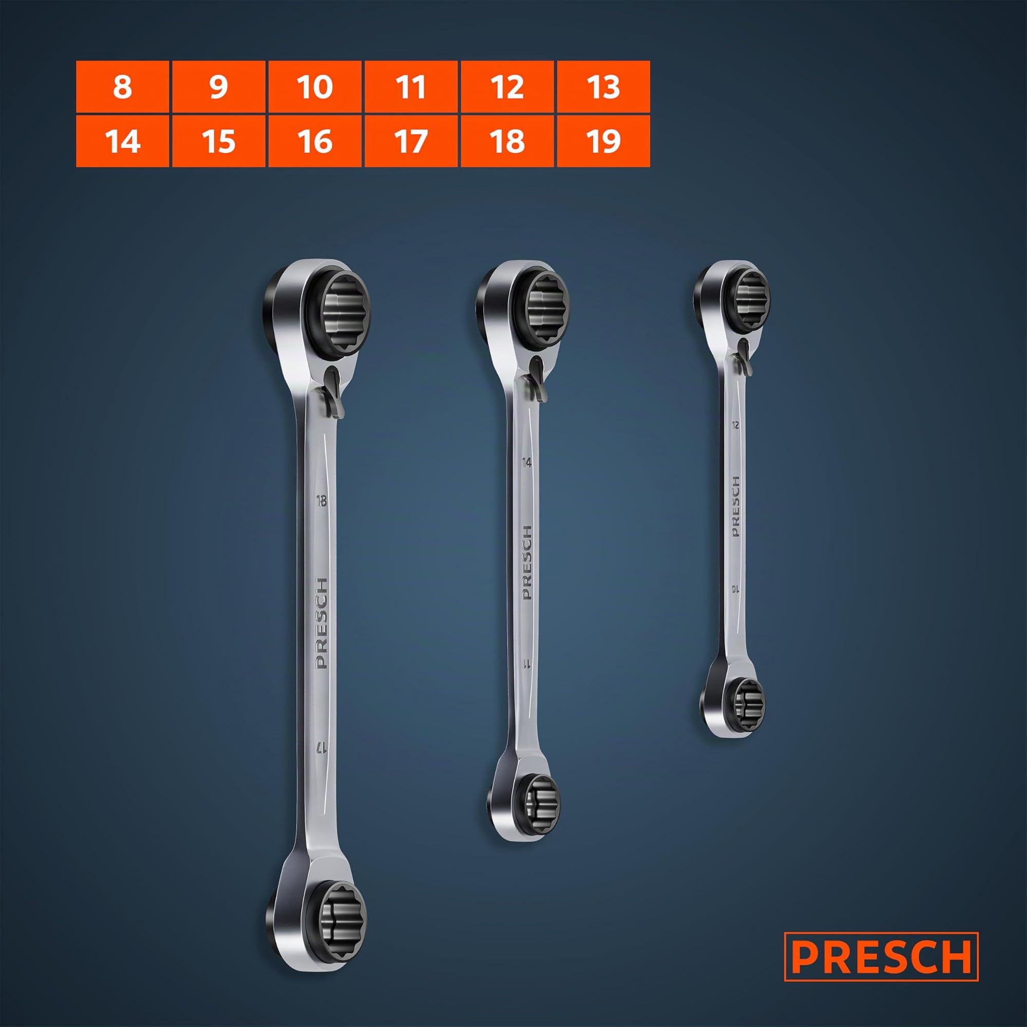 PRESCH Jeu de 4-en-1 clés à cliquet annulaire double 3 pcs avec sacoche 8-19 mm – Fonction à cliquet réversible – Clés extrêmement robuste avec 90 dents & angle de reprise de 4°