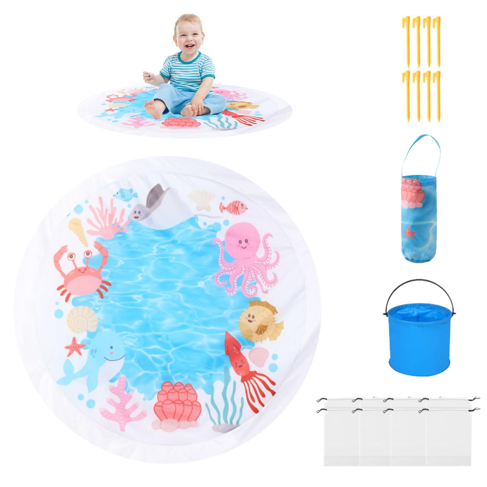 Baby Beach Pool, 1.4 * 1.4m Portable Paddling Pool Beach Mat with Carrying Bag Wading Puddle Pools Water Play Summer Toy for Babies, Toddler & Kids