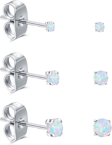 Miniatura 2 de Juego de 3 aretes para mujer, de acero inoxidable, pequeños ópalo sintético, paquete de 3 (SE-29)