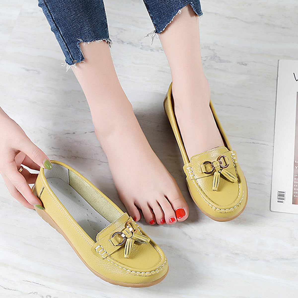 Mocassini ortopedici da donna in pelle traspirante, vestibilità larga, mocassini classici con zeppa tacco casual slip-on scarpe da trekking