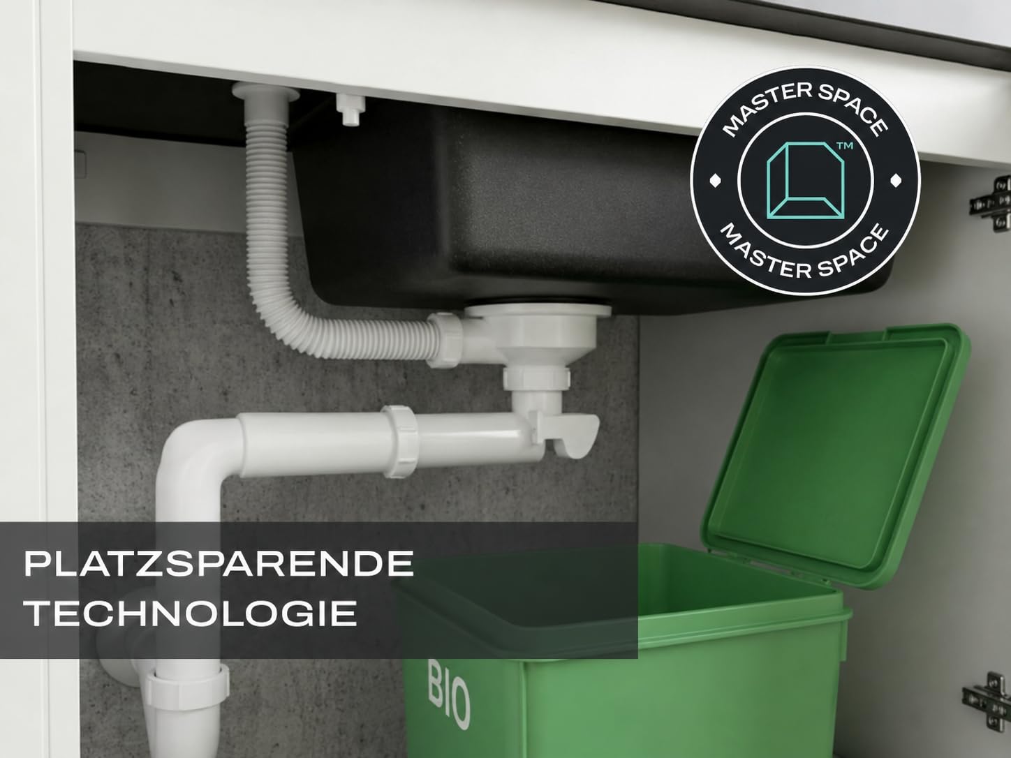 GranMaster Premium Raumsparsiphon für 2-Becken-Spülbecken Gunmetal – Ablaufgarnitur mit Exzenterbedienung, rundem Überlauf und Geräteanschluss für Waschmaschine/Geschirrspüler