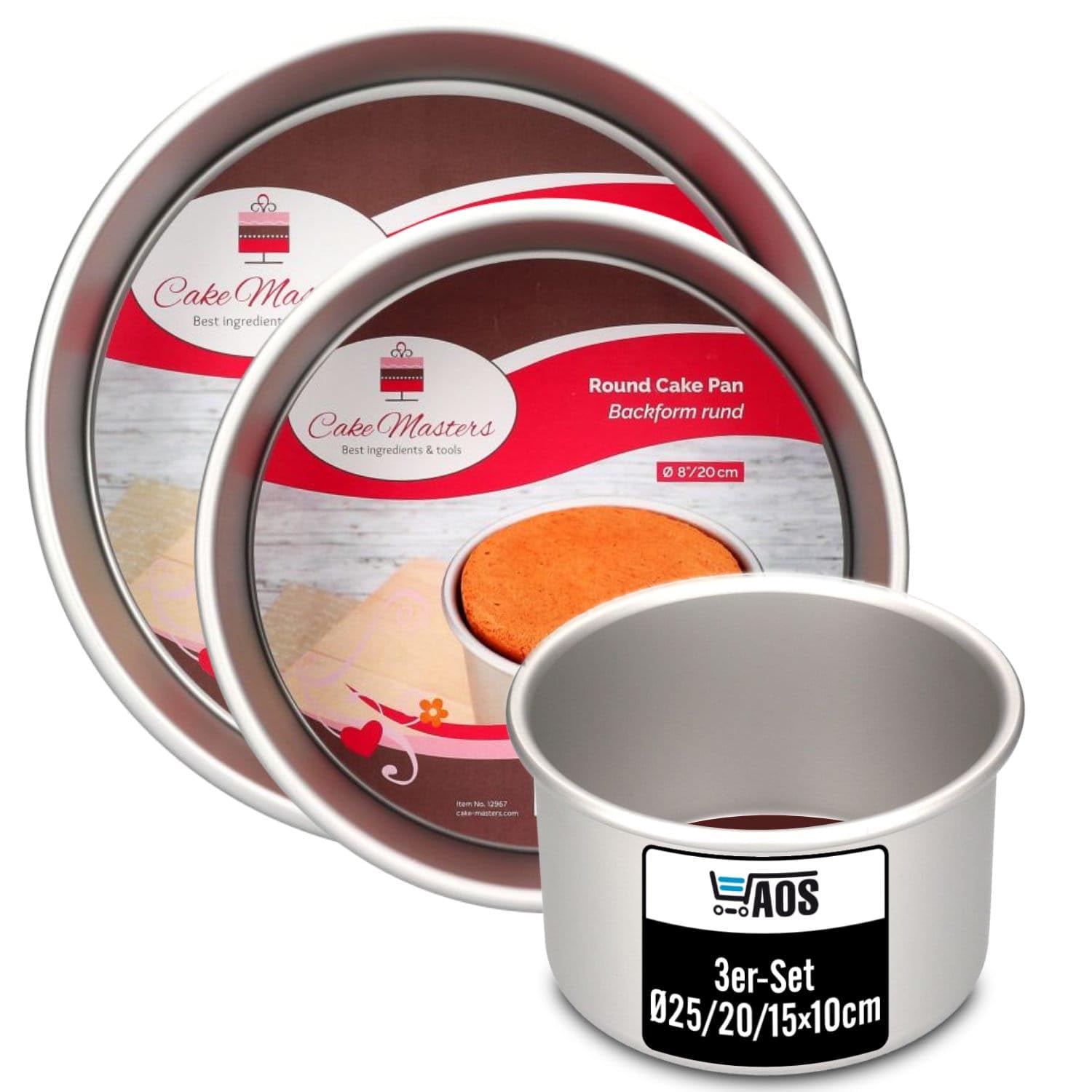AOS Set | enthält Cake Masters Runde Backform 25/20/15 cm x 10 cm – Nahtlos aus extra dickem, eloxiertem Aluminium – Profi-Backformen für hohe Kuchen & Torten