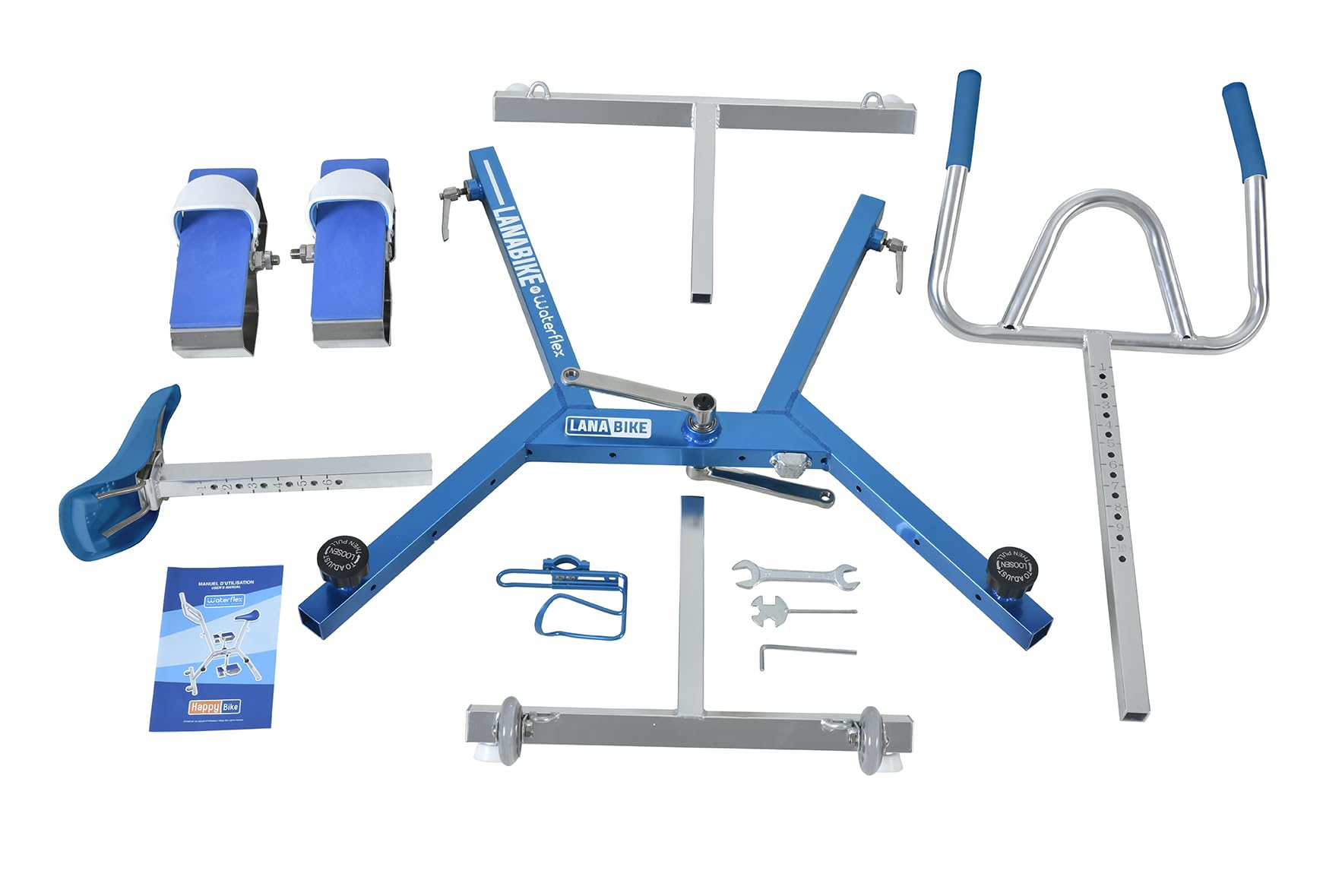 Aquabike Lanabike - Vélo Aquatique pour Piscine - Tout Bassin - Selle Ergonomique - Guidon Sport - Pédales Antidérapantes - Réglages Click & Turn - Bleu - Waterflex, Large, (WX-LANA-BL)